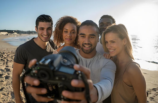 Friends take selfies at the beach