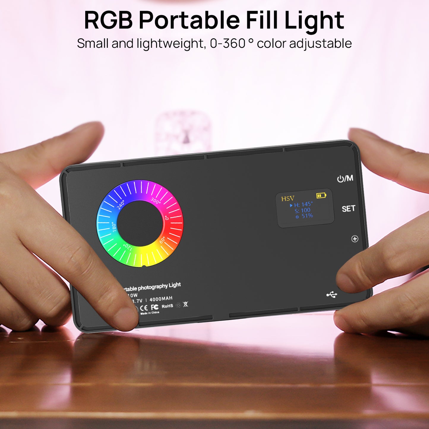 Mobile phone-sized RGB selfie light on the desktop